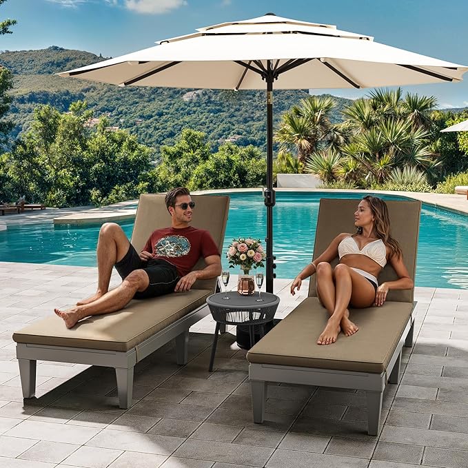 YITAHOME Outdoor Chaise Lounge Chair, Plastic Pool Chaise Lounge with Cushions & 5-Position Backrest, Easy Assembly & Waterproof for Patio & Poolside, Set of 2, Brown