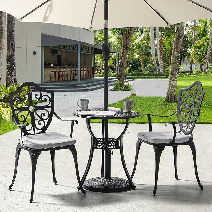 NUU GARDEN 3-Piece Cast Aluminum Bistro Set, Outdoor Patio Bistro Table and Chairs with Umbrella Hole and Grey Cushions, Black
