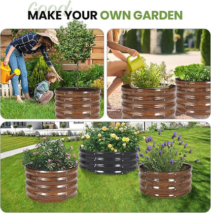 G GOOD GAIN Round Raised Garden Bed - 2Pcs 2x2x1.3ft Galvanized Steel Planter Boxes Outdoor with Rubber Edge Trim | Metal Raised Beds for Gardening Vegetables Flowers Fruits Herbs (Wood Grain)