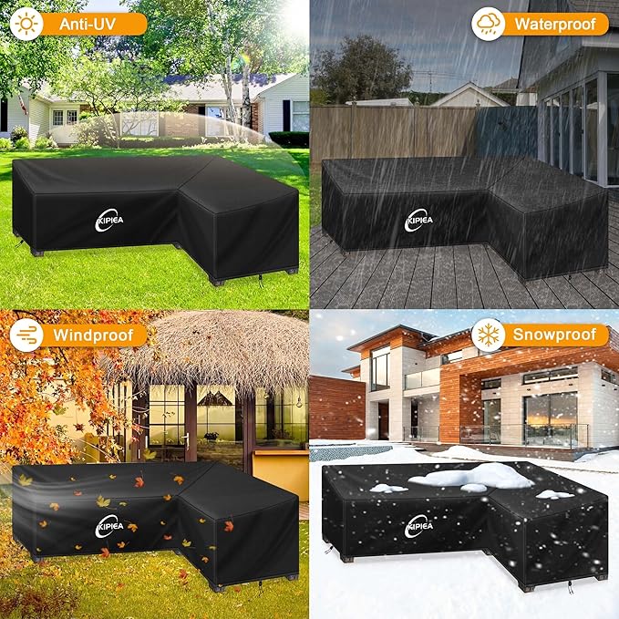Kipiea Patio L-Shaped Furniture Sectional Sofa Covers, 420D Heavy-Duty Oxford Fabric Outdoor Sectional Cover with Windproof, Anti UV, No Tears, No Fading (Right Facing 98"x79"L x 33.5" D x 31" H)