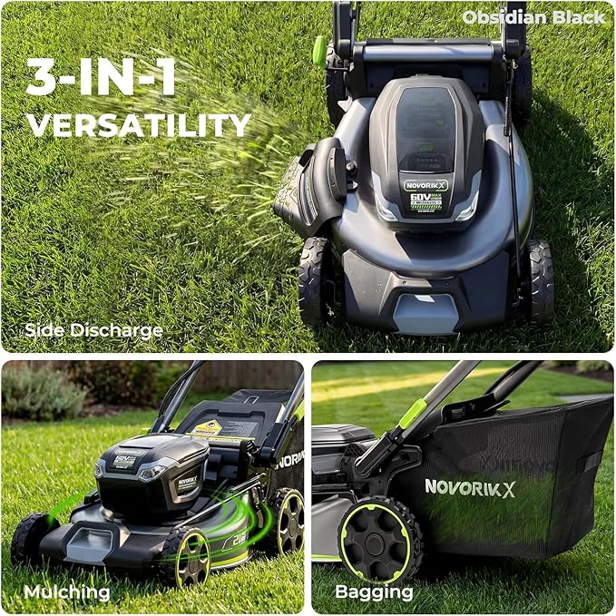 NovorikX 60V 5Ah Self-Propelled Electric Cordless Lawn Mower with 5.0Ah Battery 21-Inch, Brushless Mower for Large Yards, LED Headlight, Rapid Charger 3-in-1 Versatility Obsidian Series