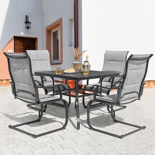 NUU GARDEN 5 Piece Outdoor Dining Set, All Weather Outdoor Padded Textilene Patio Chairs and Square Dining Table with Umbrella Hole for Backyard, Patio, Garden, Deck, Light Grey and Black