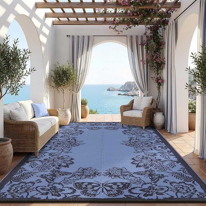 Garvee Outdoor Rugs 9' x 12’ Waterproof Reversible Mats, Large Area Plastic Straw Rug, Outside Carpet, Butterfly Floral Rv Mat for Patio Camping Picnic Backyard Deck Balcony Porch Beach Trailer