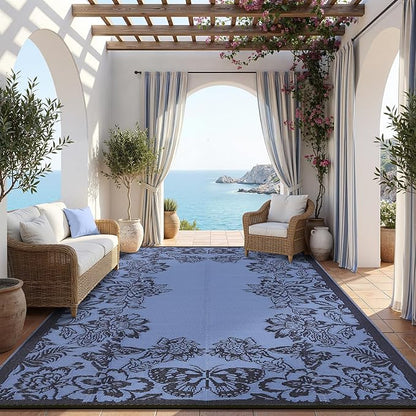 Garvee Outdoor Rugs 9' x 12’ Waterproof Reversible Mats, Large Area Plastic Straw Rug, Outside Carpet, Butterfly Floral Rv Mat for Patio Camping Picnic Backyard Deck Balcony Porch Beach Trailer