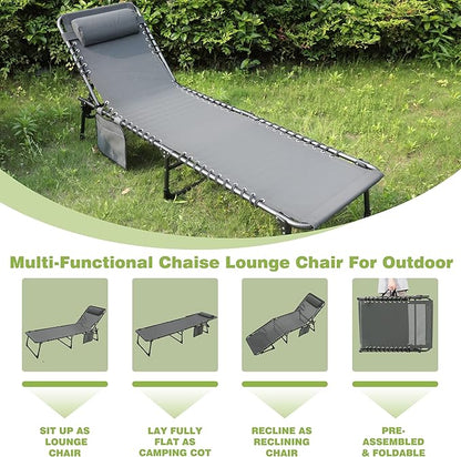MUPATER 4-Fold Patio Chaise Lounge Chair for Outdoor with Detachable Pocket and Pillow, Portable Sun Lounger Recliner for Beach, Camping and Pool, Grey