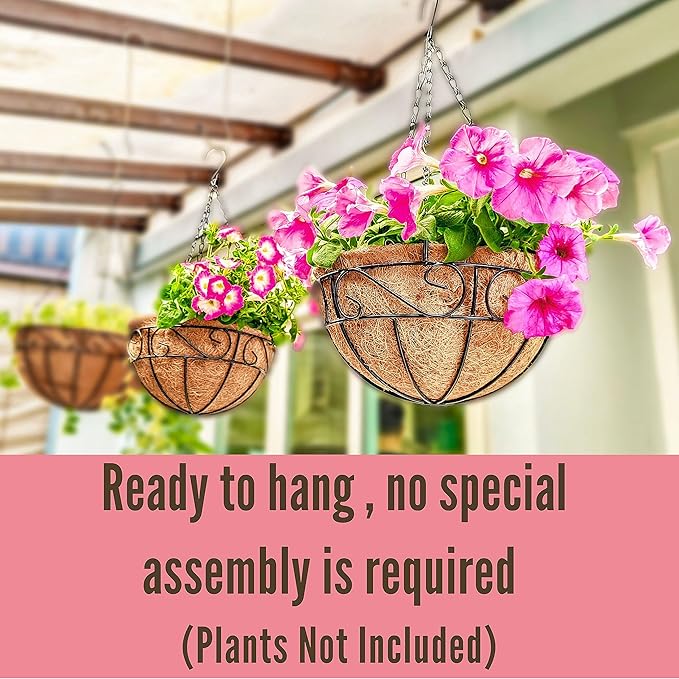 LaLaGreen Hanging Planter for Outdoor Plants (12 Inch, 2 Pack) Hanging Baskets with Coco Liner, Black Metal Wire Flower Basket Pots with Hook Hanger Balcony Porch Farmhouse Country Style Garden Decor