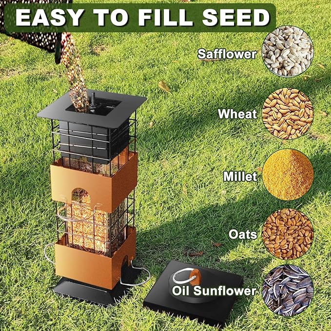 Squirrel Proof Bird Feeder, 3Lbs Hanging Anti-Squirrel Bird Feeders for Outdoors, Metal Weight-Activated Perches Wild Birdfeeder for Blue Jay, Cardinal (Brown)