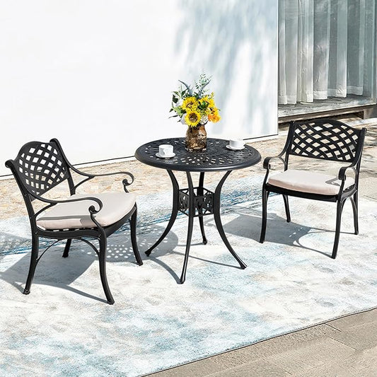 NUU GARDEN 3 Pieces Outdoor Patio Bistro Set, Cast Aluminum Patio Set with Umbrella Hole All-Weather Small Patio Table and Chairs for Balcony, Patio, Black and Beige Cushion
