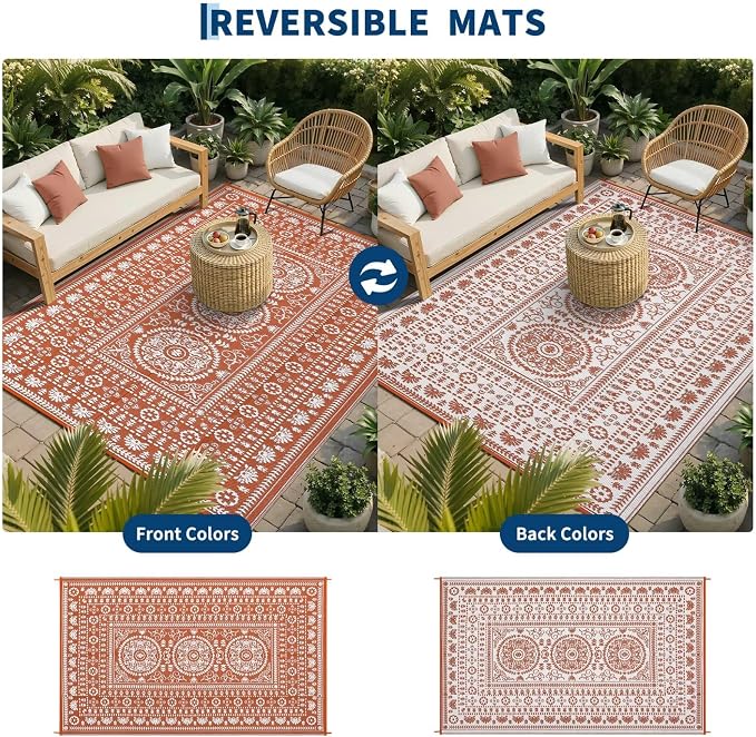 Garvee Reversible Outdoor Rug 5x8 for Patio, Waterproof Outdoor Area Rug, Boho Medallion Indoor Outdoor Carpet for Porch, Plastic Straw Rug for RV, Camping, Deck, Vintage Terracotta