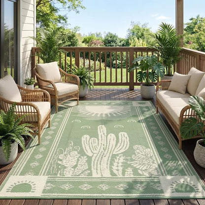 Garvee Waterproof Outdoor Rug 5x8, Cactus Botanical Outdoor Plastic Straw Rug for Camping, Reversible RV Mat Outside, Indoor Outdoor Carpet for Porch, Deck, Backyard, Balcony, Picnic, Sage Green