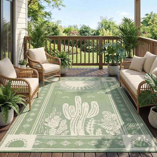 Garvee Waterproof Outdoor Rug 5x8, Cactus Botanical Outdoor Plastic Straw Rug for Camping, Reversible RV Mat Outside, Indoor Outdoor Carpet for Porch, Deck, Backyard, Balcony, Picnic, Sage Green