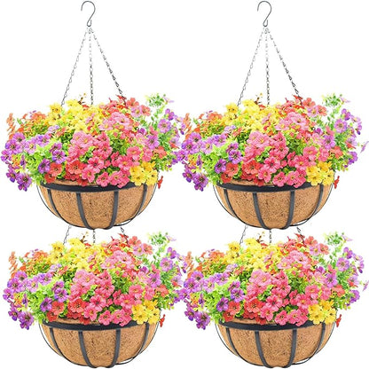 14 Inch Metal Hanging Planter Basket with Coconut Fiber Liner Hanging Plant Flower Pot for Home Garden Patio Decoration,Metal Flat Iron Pattern, 4 Pack