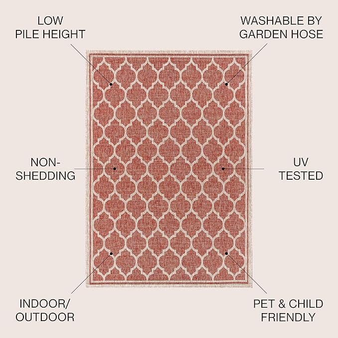 JONATHAN Y Moroccan Trellis Indoor Outdoor Round Area Rug 5 Ft Red/Beige, Trebol Textured Weave for Backyard, Patio, Porch, Easy-Cleaning, High Traffic, Pet-Friendly, Non-Shedding (SMB109C-5R)
