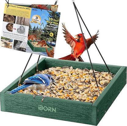 iBorn Platform Bird Feeder Tray Bird Feeders for Outdoors Hanging for Outside Flat Birdfeeder Tray with Large Capacity 3LBS, WPC Recycled Plastic & Cedar Look, Waterproof, 10.6"x10.6", Green