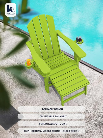KINGYES Folding Adjustable Adirondack Chair with Ottoman & 2 Cup Holders Set of 2, HDEP Multifunctional Adirondack Chair with Footrest, Apple