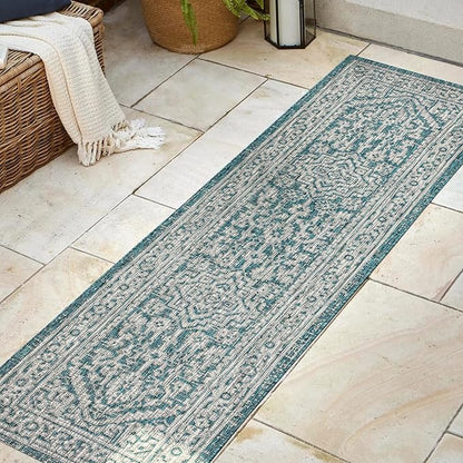 JONATHAN Y Medallion Weave Indoor Outdoor Runner Rug 2X8 Teal Blue/Gray, Sinjuri Textured for Backyard, Patio, Porch, Easy-Cleaning, High Traffic, Pet-Friendly, Non-Shedding (SMB101C-28)