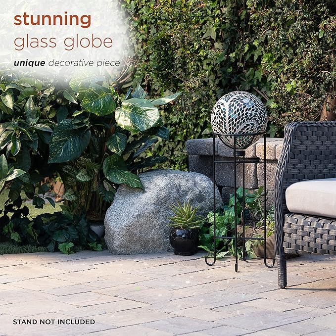 Alpine Corporation 10" Diameter Indoor/Outdoor Glass Mosaic Gazing Globe Yard Decoration, Scroll Leaf Pattern Design