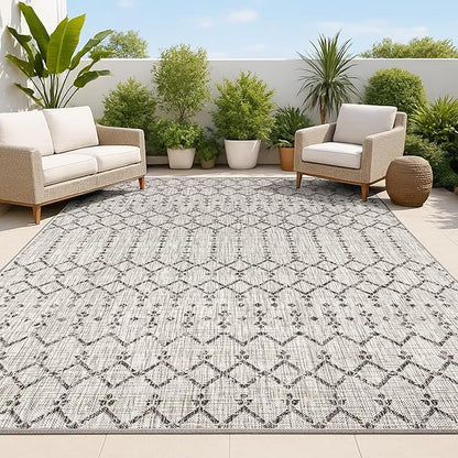 JONATHAN Y Moroccan Geometric Indoor Outdoor Area Rug 5X8 Light Gray/Black, Ourika Textured Weave for Backyard, Patio, Porch, Easy-Cleaning, High Traffic, Pet-Friendly, Non-Shedding (SMB108E-5)