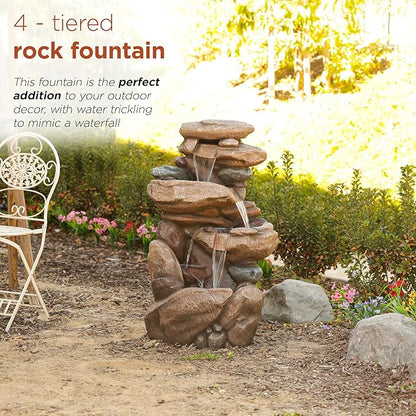 Alpine Corporation WIN315 40" Floor Fountain – Tiered Brown Rock Water Feature with Color-Changing LED & Remote – Cascading Streams for a Tranquil Garden, Patio, Yard, Deck, or Porch, Light Brown