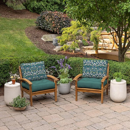 Arden Reversible Outdoor Plush Modern Tufted Blowfill Deep Seat Set, 24 x 24, Water Repellent, Fade Resistant, Deep Seat Bottom and Back Cushion for Chair/Sofa, Sapphire Aurora Blue Damask