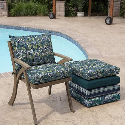 Arden Outdoor Dining Chair Cushion, 21 x 21, Rain-Proof, Fade Resistant 21 x 21, Sapphire Aurora Blue Damask
