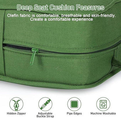 Aoodor Outdoor Chair Cushion, 22 x 24 Inch Water-Resistant, Fade-Resistant Olefin Frbric Patio Seat Cushions with Removable Cover and Adjustable Straps for Outdoor Furniture, Set of 2, Green