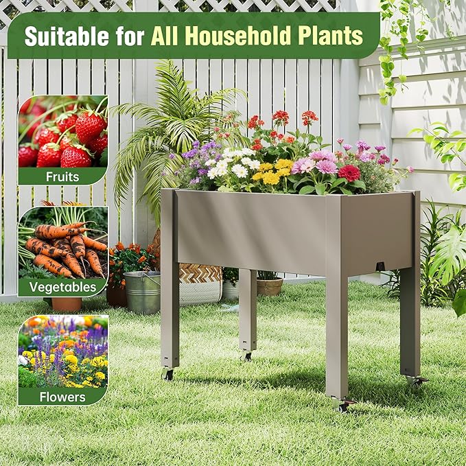 Elevated Raised Garden Bed with Wheels - Outdoor Mobile Resin Planter Box with Drainage Holes for Vegetables Flower Herbs, Weather Resistant (Gray)