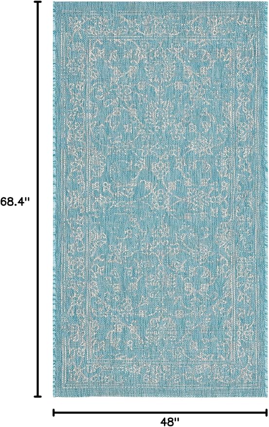 SAFAVIEH Washable Rug Outdoor Courtyard Collection - 4' x 5'7", Aqua Blue & Grey, Non-Shedding & Easy Cleaning, Ideal for Patio, Backyard, Mudroom (CY8680-37121)