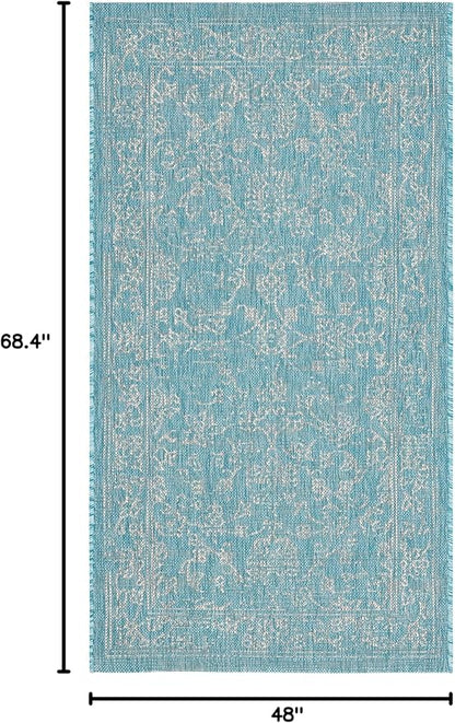 SAFAVIEH Washable Rug Outdoor Courtyard Collection - 4' x 5'7", Aqua Blue & Grey, Non-Shedding & Easy Cleaning, Ideal for Patio, Backyard, Mudroom (CY8680-37121)