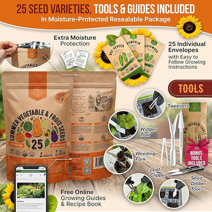 25 Summer Vegetable & Fruit Seeds Variety Pack - 1,870+ Non-GMO Heirloom Veggie & Fruits Seeds for Outdoors and Indoor Home Gardening, Including Collards, Tomato, Pepper, Okra, Onion, Bean, Cucumber