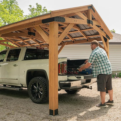 Backyard Discovery Norwood 20 ft. x 12 ft. All Cedar Wooden Carport Pavilion Gazebo with Hard Top Steel Roof Light Brown