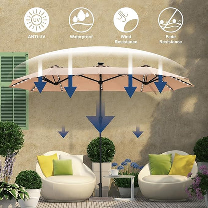 HERA'S PALACE 13ft Patio Umbrella with 120 LED Solar Lights Double Sided Outdoor Umbrella for Patio 8 Colors Changing Table Umbrella Outdoor Patio for Garden Pool