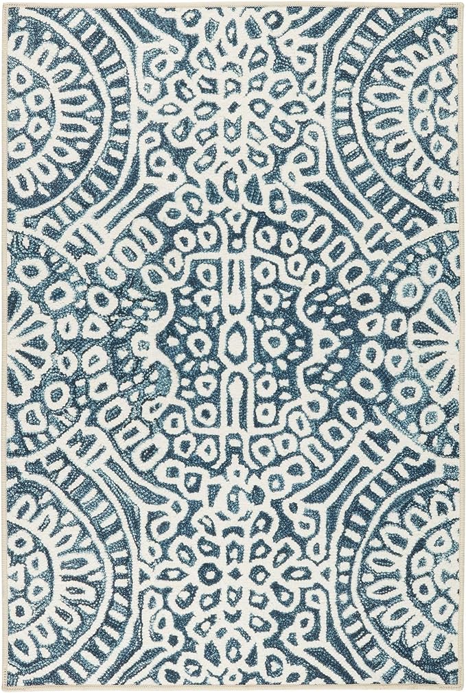 Dash and Albert Temple Ink Machine Washable Area Rug - 2' x 3' Blue - Geometric Accent Rug - Anti-Slip Backing, Lightweight, Machine Washable, High Traffic Areas Kitchen, Mudroom, Laundry Room