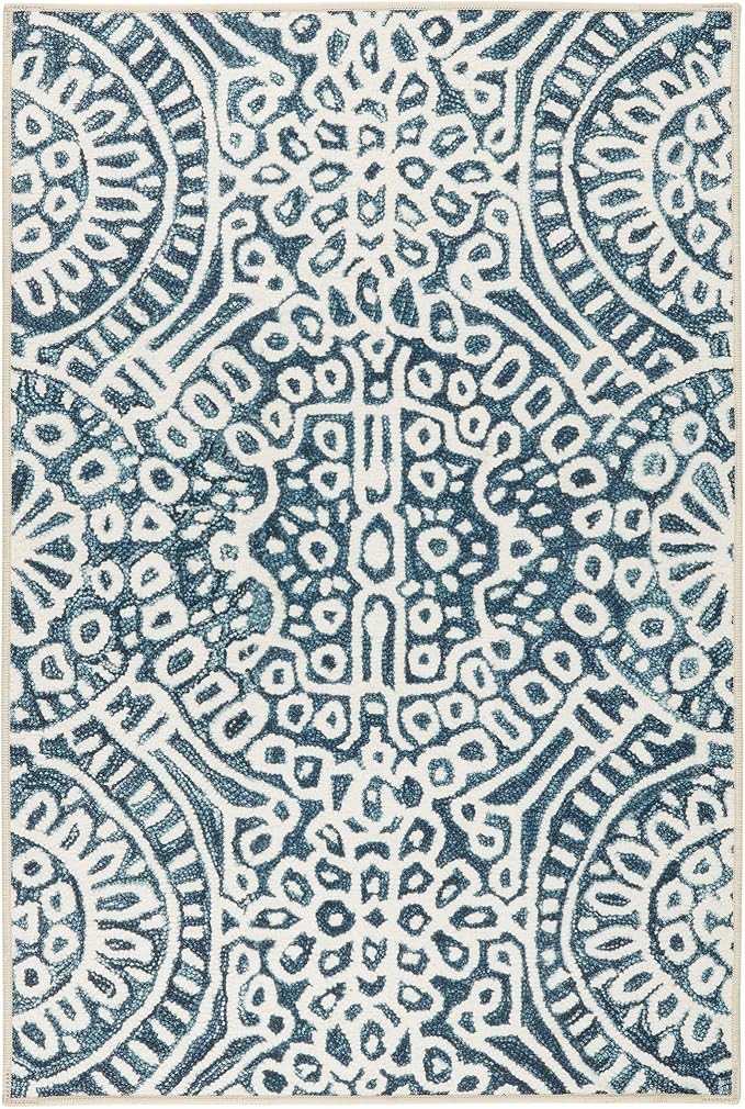 Dash and Albert Temple Ink Machine Washable Area Rug - 4' x 6' Blue - Geometric Accent Rug - Anti-Slip Backing, Lightweight, Machine Washable, High Traffic Areas Kitchen, Mudroom, Laundry Room