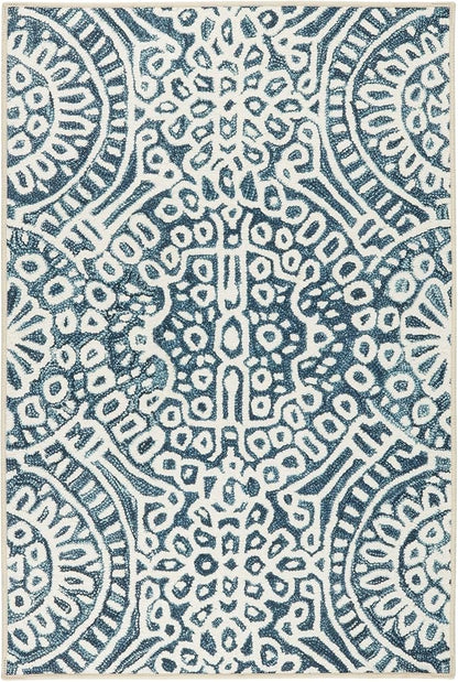 Dash and Albert Temple Ink Machine Washable Area Rug - 4' x 6' Blue - Geometric Accent Rug - Anti-Slip Backing, Lightweight, Machine Washable, High Traffic Areas Kitchen, Mudroom, Laundry Room