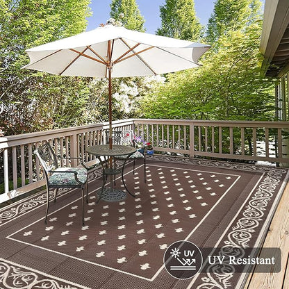 Pauwer Waterproof Outdoor Rug 8x10, Reversible Plastic Straw Patio Camping Rug, Indoor Outdoor RV Mat Carpet for Deck, Camper, Porch, Balcony, Backyard, Picnic, Bordered Brown