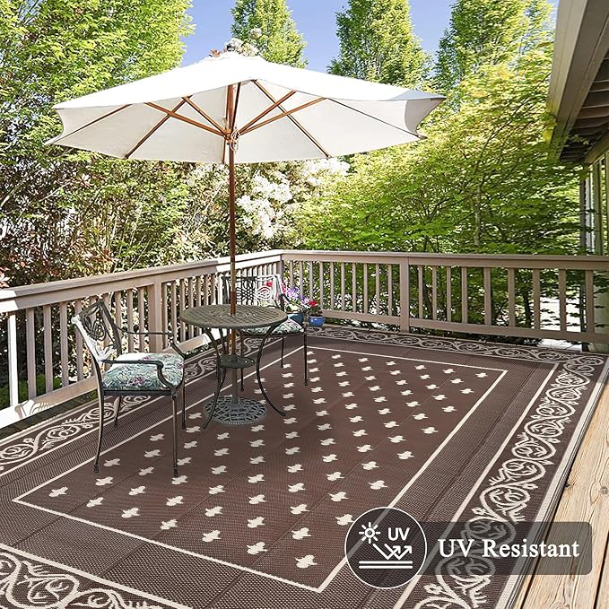 Pauwer Waterproof Outdoor Rug 10x14, Reversible Plastic Straw Patio Camping Rug, Indoor Outdoor RV Mat Carpet for Deck, Camper, Porch, Balcony, Backyard, Picnic, Bordered Brown