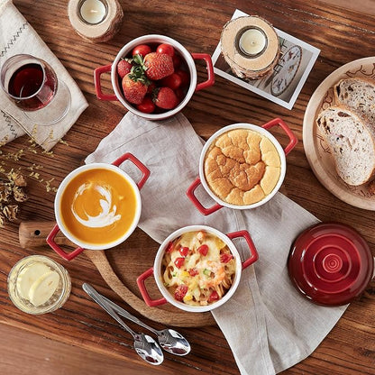 Lareina Mini Cocotte - 12oz Ceramic Casserole Dishes - Kitchen Casserole Sets With Handles And Lid - Small Baking Ramekins - Oven, Microwave & Dishwasher Safe - Set of 4 - Red | Small casserole ramekins with handles, oven, microwave & dishwasher safe. ...