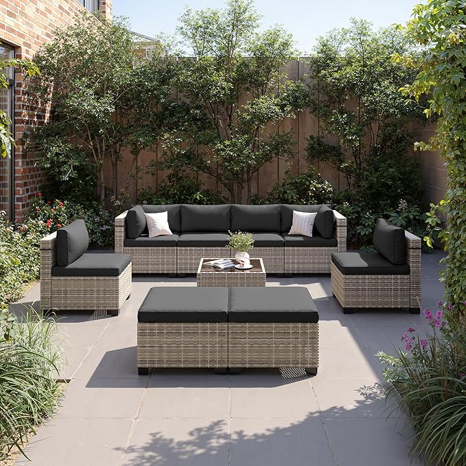 9-Piece Patio Furniture Set, Outdoor with Ottomans, Modular Patio Sofa, Dual-Strand Wicker Rattan, Rust-Resistant Frame, Backyard Furniture for Garden, Deck, Black
