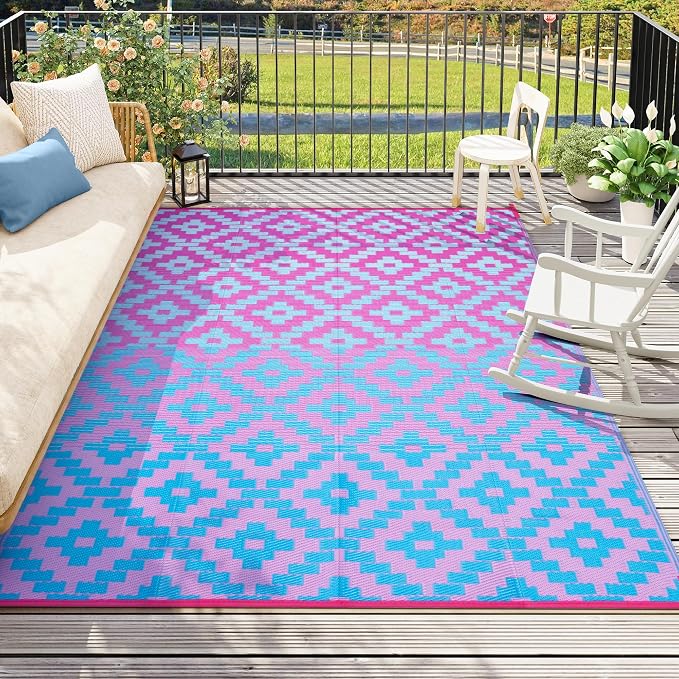 Anidaroel Ombre Camping Rug for Outside RV, 8x10 Waterproof Outdoor Rug for Patio Clearance, Reversible Plastic Straw Outside Area Rug for Camper, Backyard, Picnic(Blue&Purple,8‘x10')