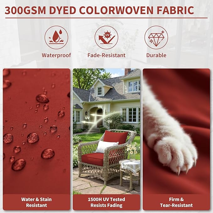 Premium Outdoor Seat Cushion Chair Cushions for Patio Furniture 24 L X 24 W X 5 H Waterproof & Fade Resistant Deep Seat and Backrest Cushion Set with Removable Covers for Chair, Sofa