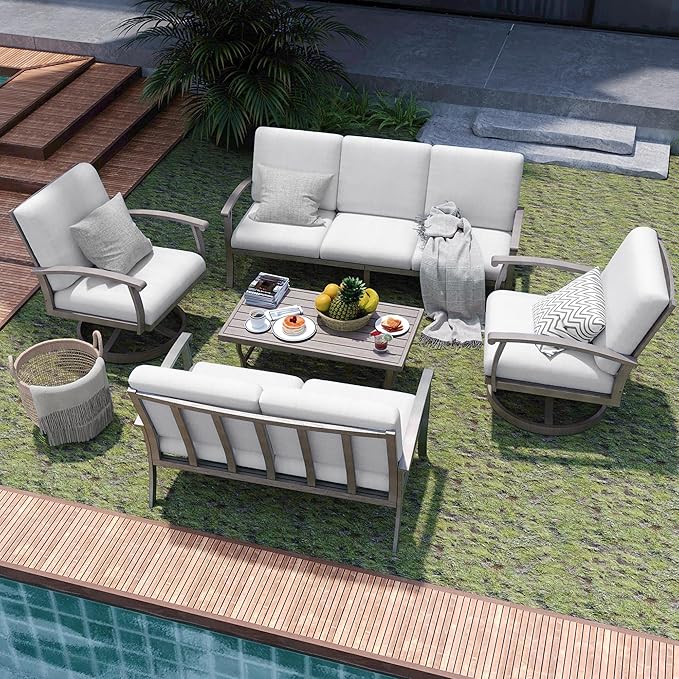 HAPPATIO 5 Piece Aluminum Patio Furniture Set, 7-Person Outdoor Swivel Chairs, Loveseat and 3-Seat Sofa, All-Weather Outdoor Sectional Sofa with Comfortable Cushions and Coffee Table(Gray)