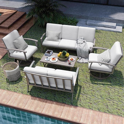 HAPPATIO 5 Piece Aluminum Patio Furniture Set, 7-Person Outdoor Swivel Chairs, Loveseat and 3-Seat Sofa, All-Weather Outdoor Sectional Sofa with Comfortable Cushions and Coffee Table(Gray)