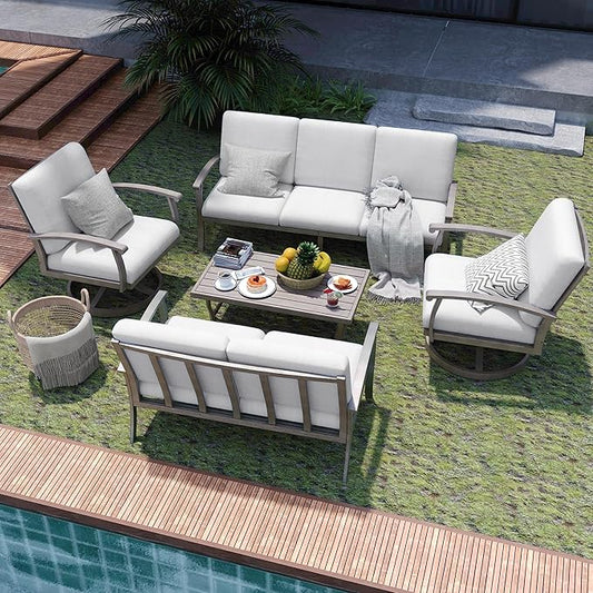 HAPPATIO 5 Piece Aluminum Patio Furniture Set, 7-Person Outdoor Swivel Chairs, Loveseat and 3-Seat Sofa, All-Weather Outdoor Sectional Sofa with Comfortable Cushions and Coffee Table(Gray)
