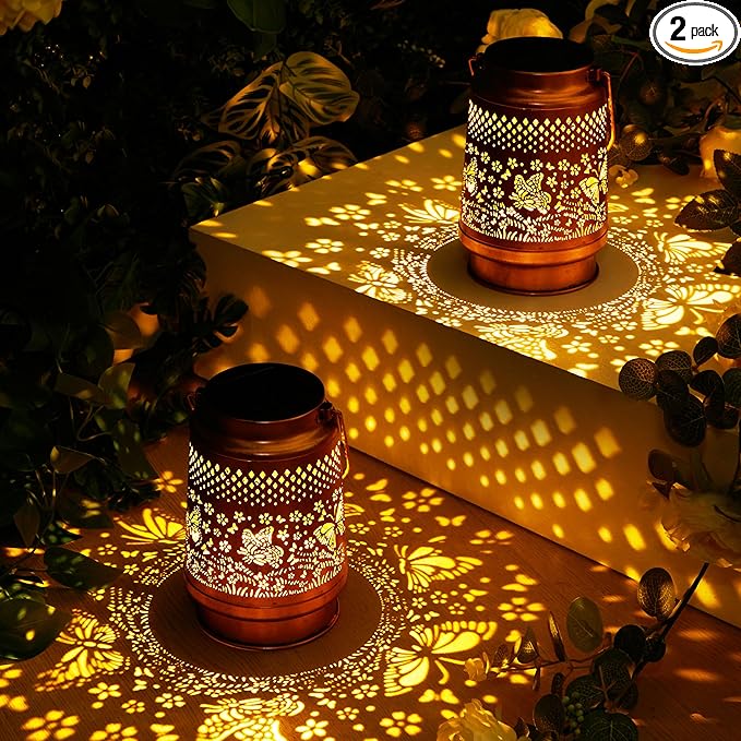 2 Pack Solar Lanterns Outdoor Waterproof, Hanging Metal Butterfly Decorative Lights for Garden Patio Yard Porch Pathway, Solar Powered Outdoor Lantern Gifts for Women Mom Grandma