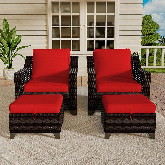 VistaVibe 4 Pieces Outdoor Patio Conversation Furniture Set - 2 Luxurious Armchairs | 2 Wicker Ottomans, Removable Cushions, Hand-Woven PE Rattan, Office, Porch (Brown/Red)