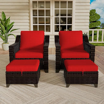VistaVibe 4 Pieces Outdoor Patio Conversation Furniture Set - 2 Luxurious Armchairs | 2 Wicker Ottomans, Removable Cushions, Hand-Woven PE Rattan, Office, Porch (Brown/Red)