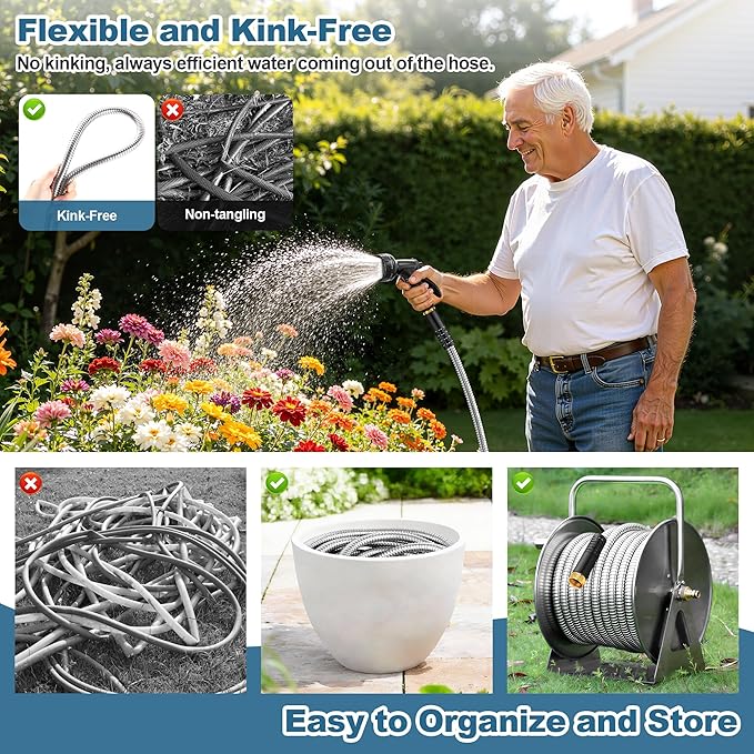 Garden Hose Metal 100FT, Stainless Steel Heavy Duty Water Hose With 10 Function Nozzle, No-Kink, Tough & Flexible, Sturdy and Lightweight, Rust Proof for Yard, Outdoor, RV