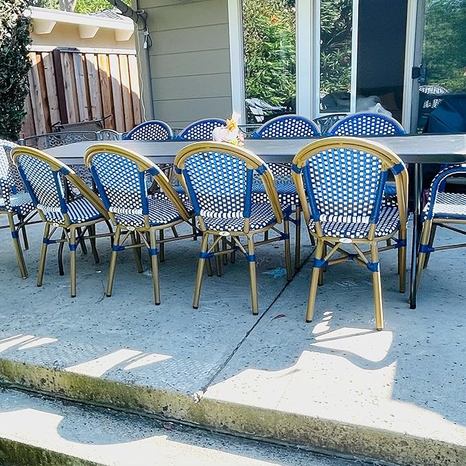 PURPLE LEAF Outdoor Dining Chair Set of 4 Aluminum Wicker Chairs for Kitchen Backyard Porch Bamboo Print Finish Patio Chairs Deep Blue French Bistro Chairs