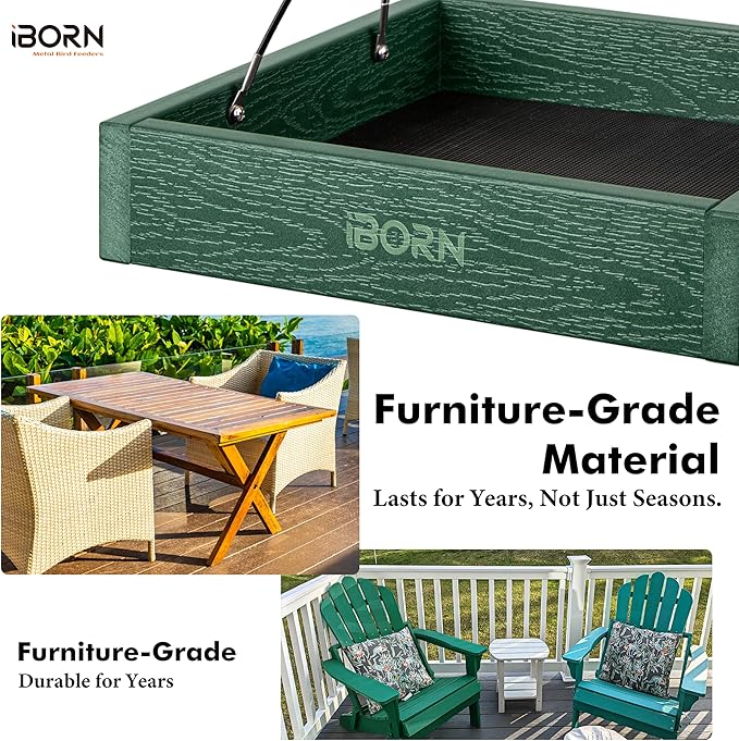 iBorn Platform Bird Feeder Tray Bird Feeders for Outdoors Hanging for Outside Flat Birdfeeder Tray with Large Capacity 3LBS, WPC Recycled Plastic & Cedar Look, Waterproof, 10.6"x10.6", Green